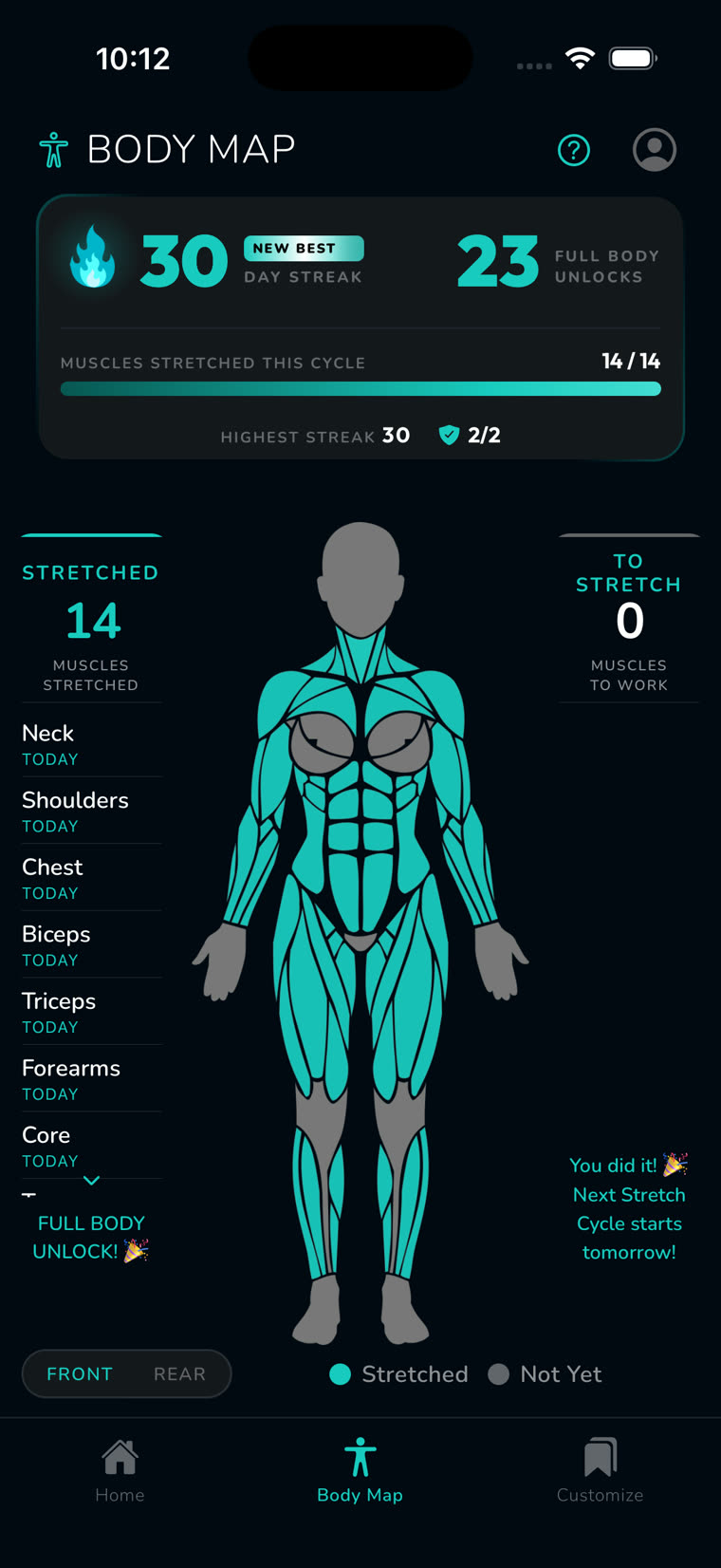 The Reach body map with every muscle lit up, a 30 day streak, and 23 full body unlocks