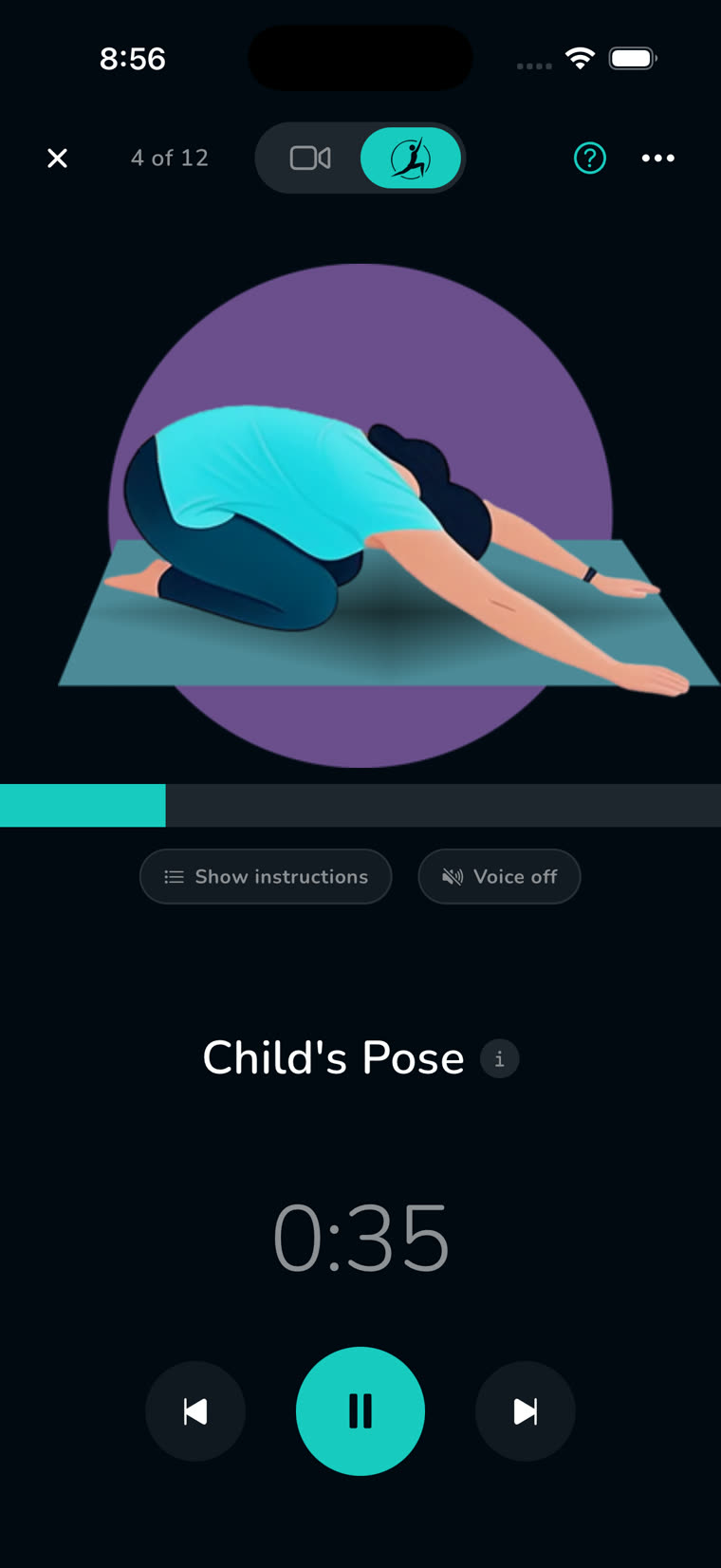 The Reach player in minimal mode on Child's Pose: a large illustration, the timer, and nothing else