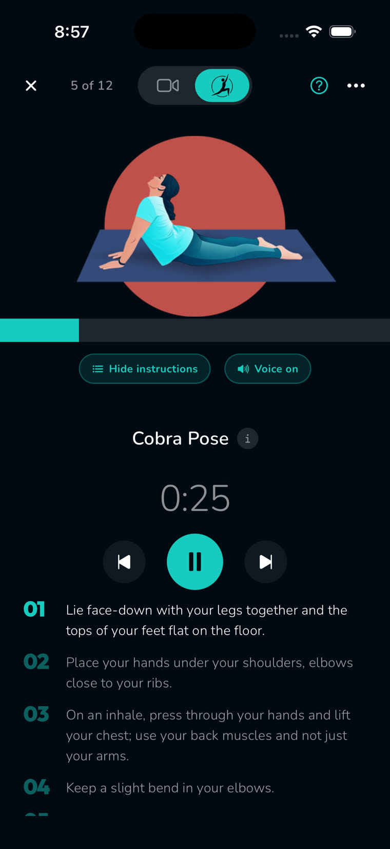 The Reach player on Cobra Pose with voice on and numbered written instructions below the timer